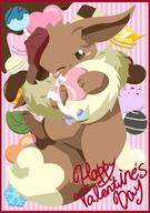 amount:solo atmosphere:assorted-objects atmosphere:creatures-associated-with-items body-type:feral chocolate eating food hall-of-fame:bronze hall-of-fame:silver hat macarons series:pokemon species:eevee style:abstract-background style:girly style:lineless style:playful style:striped-background sweets // 1280x1820 // 216KB