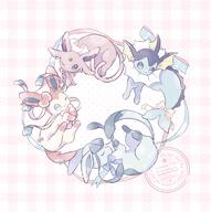 amount:multiple atmosphere:fashion body-type:feral forehead-gem hall-of-fame:bronze hall-of-fame:silver series:eeveelutions series:pokemon species:espeon species:glaceon species:sylveon species:vaporeon style:abstract-background style:dithering style:girly style:kawaii style:one-color style:pink style:playful style:very-girly wearing-bow // 1747x1757 // 327KB
