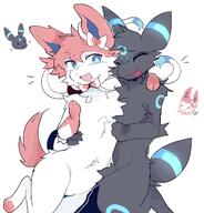 affection amount:pair body-type:anthro body-type:semi-anthro cuddling fluffified hugging series:eeveelutions series:pokemon species:shiny-pokemon species:sylveon species:umbreon style:kemono // 1950x2036 // 288KB
