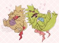affection amount:pair atmosphere:valentines-day body-type:semi-anthro chocolate species:tyranitar style:abstract-background style:noisy style:playful wearing-bow // 1860x1365 // 606KB