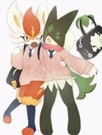 affection amount:pair body-type:anthro eating food outfit purse schoolgirl-outfit species:cinderace species:meowscarada style:kawaii style:kemono sweets visibly-shy // 1542x2048 // 306KB