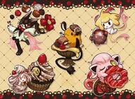 amount:multiple atmosphere:cafe atmosphere:creatures-associated-with-items atmosphere:frilly-background atmosphere:valentines-day body-type:semi-anthro chocolate cupcake food hall-of-fame:bronze hall-of-fame:silver species:alcremie species:dedenne species:food-creature species:jirachi species:meowscarada species:scream-tail style:outline sweets // 1200x873 // 317KB