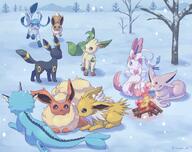 affection amount:multiple atmosphere:snowy body-type:feral campfire cuddling grouping:all-eeveelutions happy playing series:pokemon species:eevee // 1600x1270 // 411KB