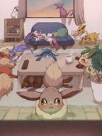 amount:multiple atmosphere:sunset body-type:feral coffee grouping:all-eeveelutions kawaii-eyes series:pokemon species:eevee style:noisy // 1536x2048 // 924KB