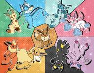 affection amount:multiple annoyed body-type:feral body-type:semi-anthro cheerleader grouping:all-eeveelutions nomming series:pokemon species:eevee style:girly style:outline style:sparkly style:split-background visibly-shy visual-teasing // 3600x2800 // 1.3MB