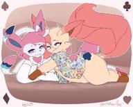 affection amount:pair body-type:semi-anthro cuddling glasses hall-of-fame:bronze jacket laying-on-side nerdy oc series:eeveelutions series:pokemon species:leafeon species:sylveon style:outline // 1024x819 // 92KB
