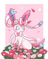 amount:solo atmosphere:flowers body-type:feral feminine flower series:eeveelutions series:pokemon species:sylveon style:dithering style:girly style:kawaii style:one-color style:pink style:white-border wearing-flower // 1640x2000 // 630KB