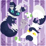 amount:multiple atmosphere:flowers atmosphere:frilly-background body-type:semi-anthro series:pokemon species:espurr species:meowstic style:lineless style:noisy style:playful style:striped-background // 2000x2000 // 702KB