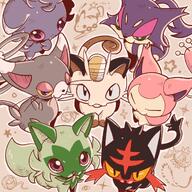 amount:multiple body-type:feral grouping:cat-pokemon series:pokemon species:espurr species:glameow species:litten species:meowth species:purrloin species:skitty species:sprigatito style:outline style:playful // 1280x1280 // 312KB