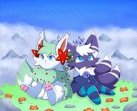amount:pair atmosphere:flowers atmosphere:mountains bell body-type:feral body-type:semi-anthro crown flower hall-of-fame:bronze hall-of-fame:silver species:meowscarada species:shaymin style:kawaii style:noisy style:outline sweater thigh-highs // 1600x1300 // 360KB