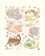 amount:multiple body-type:feral grouping:cat-pokemon species:glameow species:litten species:meowth species:purrloin species:skitty species:sprigatito style:pastel-colors style:playful yarn // 1639x2048 // 292KB
