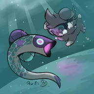 amount:pair atmosphere:sunlight atmosphere:undersea body-type:semi-anthro fish goggles series:pokemon species:espurr style:glow style:painted style:sunrays // 1000x1000 // 478KB