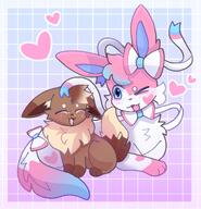 amount:pair body-type:feral freckles hall-of-fame:bronze hall-of-fame:silver oc series:eeveelutions series:pokemon species:eevee species:sylveon style:abstract-background style:grid style:kawaii style:white-border wearing-bow // 1922x2000 // 346KB
