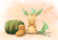 amount:solo atmosphere:autumn body-type:feral cookies pumpkin series:eeveelutions series:pokemon species:leafeon style:girly style:kawaii style:painted style:sparkly // 1200x846 // 478KB