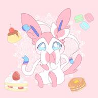 amount:solo atmosphere:fancy body-type:feral cake food macarons pancakes pudding series:eeveelutions series:pokemon species:sylveon strawberry-shortcake style:abstract-background style:girly style:one-color style:pastel-colors style:pink sweets // 1280x1280 // 122KB