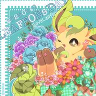 amount:solo atmosphere:flowers body-type:feral flower hall-of-fame:bronze sassy series:eeveelutions series:pokemon species:leafeon style:detailed-pattern style:kawaii style:outline style:striped-background wink // 1301x1300 // 522KB