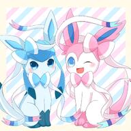 amount:pair body-type:feral series:eeveelutions series:pokemon species:glaceon species:sylveon style:abstract-background style:girly style:kawaii style:pastel-colors style:playful style:striped-background sylveon-bow wink // 2048x2048 // 329KB