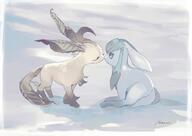affection amount:pair atmosphere:snowy body-type:feral kissing pressing-same-body-part-against-each-other series:eeveelutions series:pokemon species:glaceon species:leafeon style:painted // 1414x1000 // 98KB