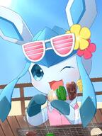 amount:solo atmosphere:beach body-type:feral hall-of-fame:bronze kebab outfit series:eeveelutions series:pokemon species:glaceon style:kawaii sunglasses wink // 1536x2048 // 300KB