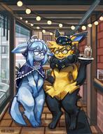 amount:pair arms-between-legs atmosphere:restaurant body-type:anthro body-type:semi-anthro drink embarrassed glasses maid outfit series:eeveelutions series:pokemon species:jolteon style:kemono style:painted visibly-shy // 3135x4096 // 1.7MB