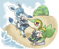 amount:pair atmosphere:beach body-type:anthro body-type:semi-anthro hall-of-fame:bronze outfit schoolgirl-outfit series:eeveelutions series:pokemon soda species:glaceon species:snivy style:painted // 1195x1002 // 149KB