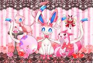 amount:multiple atmosphere:fancy body-type:feral hall-of-fame:bronze pokepuff series:eeveelutions series:pokemon species:furret species:mew species:munna species:ribombee species:shiny-pokemon species:sylveon style:abstract-background style:girly style:kawaii style:one-color style:pink style:striped-background // 1200x812 // 240KB