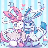 affection amount:pair body-type:feral cheek-rub cloak mittens pressing-same-body-part-against-each-other series:eeveelutions series:pokemon species:glaceon species:sylveon style:abstract-background style:playful style:striped-background // 800x800 // 130KB