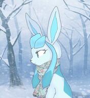 amount:solo atmosphere:blizzard atmosphere:forest atmosphere:snowy body-type:feral eyelashes scarf series:eeveelutions series:pokemon species:glaceon // 704x765 // 78KB
