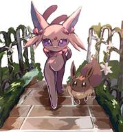 amount:pair atmosphere:town bell-collar body-type:feral collar forehead-gem series:eeveelutions series:pokemon species:eevee species:espeon style:dim style:painted wearing-bow // 1116x1200 // 194KB