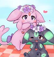 amount:pair atmosphere:picnic body-type:feral body-type:semi-anthro body-type:slightly-chubby feminine flower forehead-gem necklace romance series:eeveelutions series:pokemon species:espeon species:umbreon style:girly style:pastel-colors style:playful style:very-playful wearing-flower // 978x1024 // 120KB