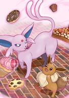 amount:pair atmosphere:town body-type:feral cookies food forehead-gem series:eeveelutions series:pokemon species:eevee species:espeon style:kawaii sweets telekinesis // 2480x3508 // 894KB