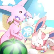 amount:pair atmosphere:beach blep body-type:feral forehead-gem hat series:eeveelutions series:pokemon species:espeon species:sylveon straw_hat style:intentional-blur style:kemono // 1200x1200 // 147KB