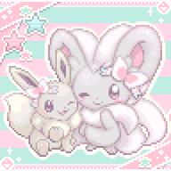 amount:pair body-type:feral body-type:semi-anthro eevee-with-sylv-ribbons hall-of-fame:bronze hall-of-fame:silver series:pokemon species:cinccino species:eevee species:shiny-pokemon style:girly style:pastel-colors style:pixel-art style:very-girly style:very-playful // 768x768 // 8.3KB