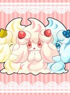 amount:multiple atmosphere:fancy body-type:semi-anthro species:alcremie species:food-creature style:abstract-background style:grainy-lines style:pastel-colors style:striped-background // 886x1200 // 167KB