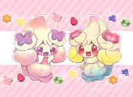 amount:pair body-type:semi-anthro smug species:alcremie species:food-creature style:abstract-background style:kawaii style:outline style:pastel-colors style:striped-background visual-teasing // 1200x877 // 141KB