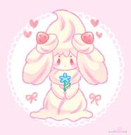 amount:solo atmosphere:fancy body-type:semi-anthro flower holding-object species:alcremie species:food-creature style:girly style:pastel-colors style:playful // 1158x1193 // 101KB