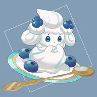 amount:solo atmosphere:cafe blueberries body-type:semi-anthro body-type:slightly-chubby species:alcremie species:food-creature style:painted style:thin-border // 1200x1200 // 108KB