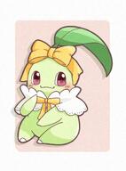 amount:solo body-type:feral cloak happy species:chikorita style:playful style:white-border wearing-bow // 885x1200 // 183KB