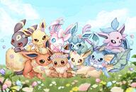 all-eeveelutions-represented amount:multiple atmosphere:field atmosphere:flowers body-type:feral flower grouping:all-eeveelutions hall-of-fame:bronze style:intentional-blur style:kawaii style:playful style:very-playful // 1200x811 // 206KB