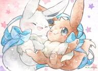 affection amount:pair body-type:feral cuddling painted series:pokemon species:eevee species:shiny-pokemon style:watercolor wearing-bow // 1200x867 // 190KB
