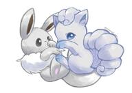 affection amount:pair body-type:feral cuddling series:pokemon species:alolan-vulpix species:eevee species:shiny-pokemon style:painted // 1200x852 // 82KB
