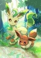amount:pair atmosphere:forest atmosphere:sunlight body-type:feral hall-of-fame:bronze reflection series:eeveelutions series:pokemon species:eevee species:leafeon style:kawaii style:sunrays // 850x1200 // 195KB