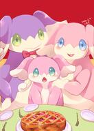 amount:multiple body-type:anthro body-type:semi-anthro body-type:slightly-chubby eating pie species:audino species:shiny-pokemon style:kawaii style:painted wearing-bow // 856x1200 // 116KB