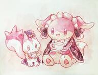 amount:pair body-type:feral body-type:semi-anthro hall-of-fame:bronze hat maid outfit pat species:audino species:pachirisu style:watercolor tea top-hat wearing-bow // 1200x916 // 161KB