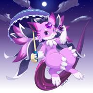 amount:solo atmosphere:night body-type:anthro body-type:semi-anthro species:carbuncle-(Puzzle-and-Dragons) style:kawaii style:kemono umbrella // 800x800 // 86KB