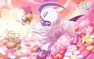 amount:multiple atmosphere:flowers body-type:feral body-type:semi-anthro flower species:absol species:cutiefly species:flabebe species:floette species:ribombee style:girly style:noisy style:one-color style:painted style:pink // 1200x755 // 178KB
