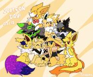 amount:multiple body-type:feral collar hall-of-fame:bronze hall-of-fame:silver jacket oc outfit scarf series:eeveelutions series:pokemon species:jolteon style:abstract-background style:outline style:playful sunglasses wearing-bow // 3393x2800 // 2.9MB