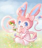 amount:pair atmosphere:field atmosphere:flowers atmosphere:sunlight body-type:feral flower series:eeveelutions series:pokemon species:floette species:sylveon style:outline style:painted style:playful style:very-playful // 989x1116 // 149KB