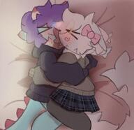 affection amount:pair atmosphere:bedroom body-type:anthro body-type:semi-anthro cuddling hall-of-fame:bronze hall-of-fame:gold hall-of-fame:silver outfit romance schoolgirl-outfit skirt species:cat style:kemono style:noisy sweater wearing-bow // 2219x2148 // 790KB
