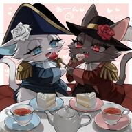 amount:pair atmosphere:fancy atmosphere:regal body-type:feral body-type:semi-anthro cake feeding feminine flower food hat outfit species:cat style:girly style:white-border sweets tea wearing-flower // 2048x2048 // 397KB